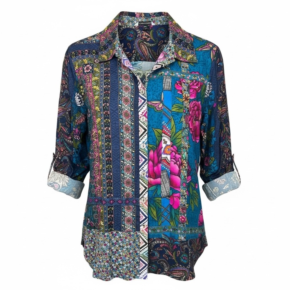 John Mark 2X Blue Floral Patchwork Button Down Sh… - image 1
